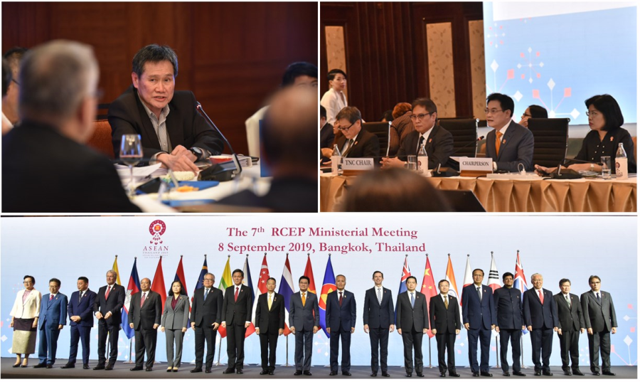 Collage: RCEP meeting. Delegates seated at tables, officials in suits stand before flags.